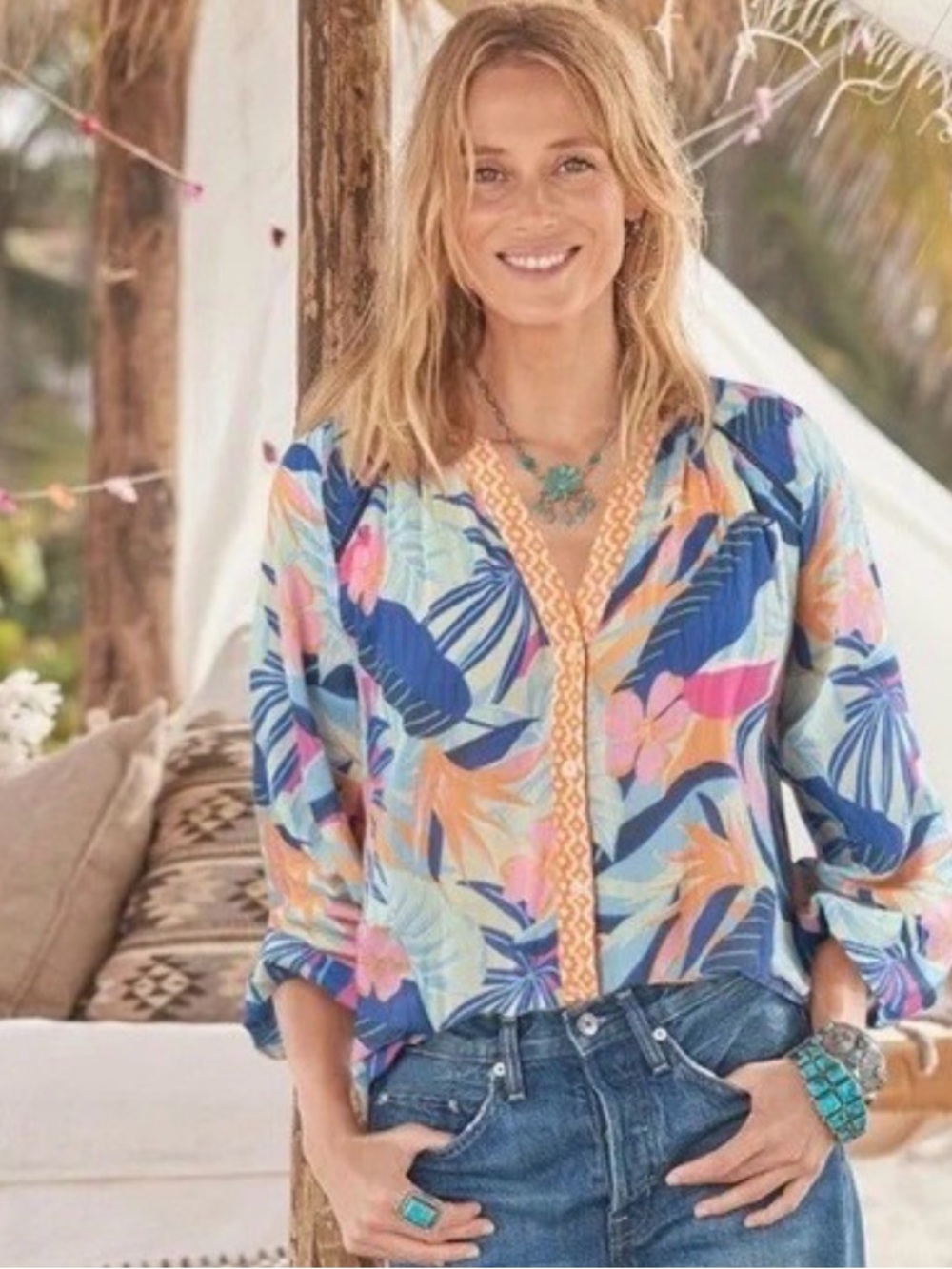 Sundance Jungle Floral Blouse Multicolor Boho V-Neck Button Up Top L